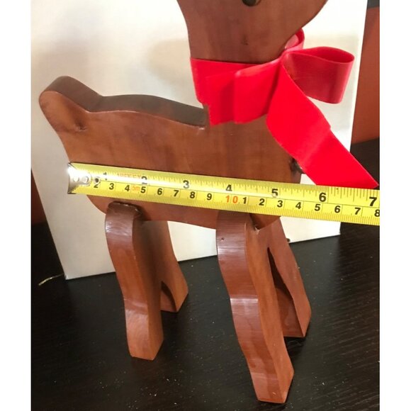 Handcrafted Wooden Reindeer Figurine With Red Bow & Bell 12" - Picture 5 of 6